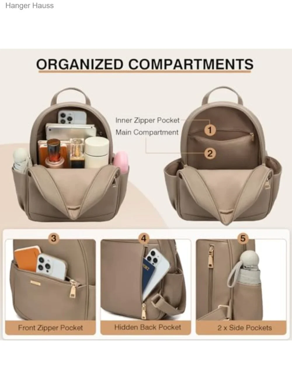 Mini Leather Backpack for Women with Multiple Pockets, for Travel College Work